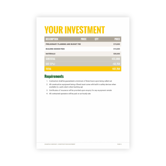Construction Equipment Proposal Template