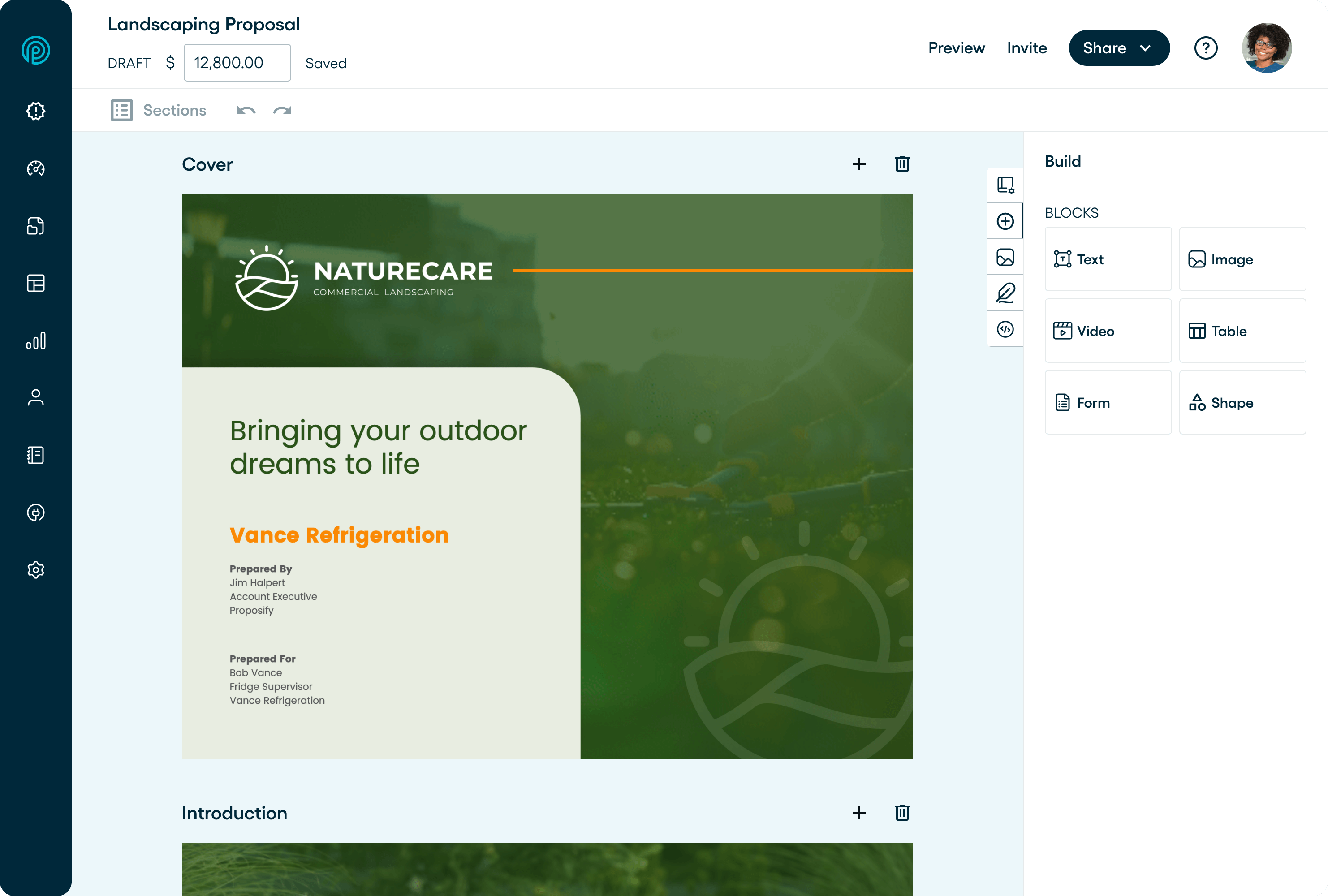 The Proposify editor with a landscaping proposal cover page.